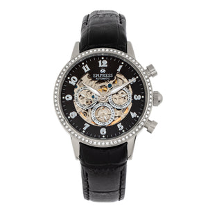 Empress Beatrice Automatic Skeleton Dial Leather-Band Watch w/Day/Date - Silver/Black - EMPEM2002