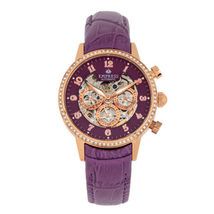 Empress Beatrice Automatic Skeleton Dial Leather-Band Watch w/Day/Date - Rose Gold/Purple - EMPEM2006